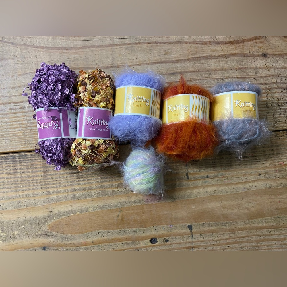 Knitting Yarn Bundle in Purple, Yellow, and Orange | Funky Fringe + Fuzzy Fur